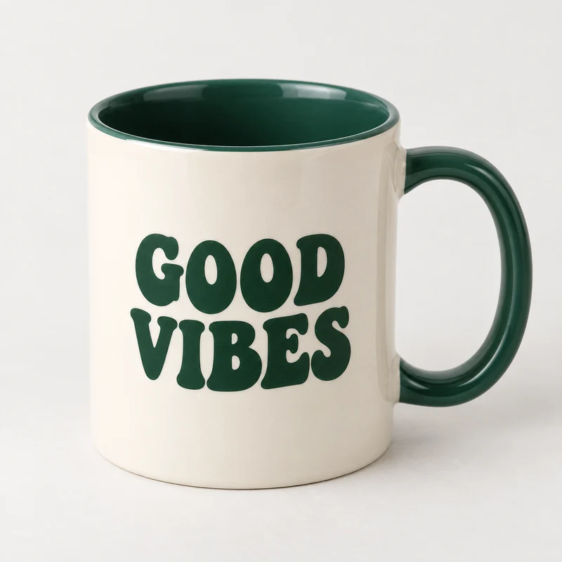 Cremefarbene GOOD VIBES Tasse mit grünem Henkel